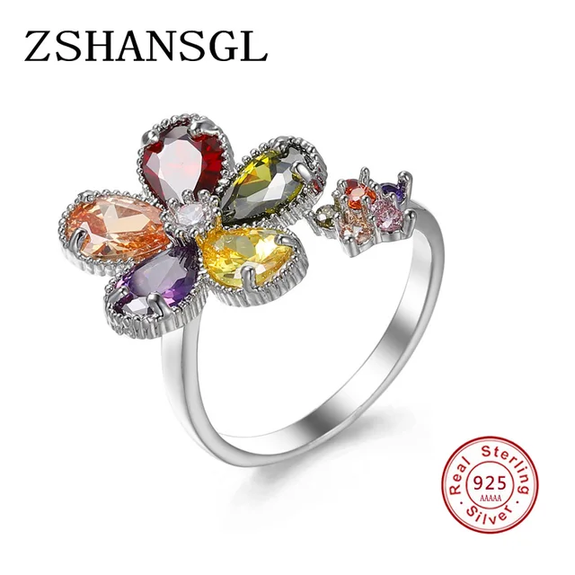 New Arrival Flower Shaped Cut Design Opening Rings 7 Colors Multicolor CZ 925 Sterling Silver Ring for Women Fashion Jewelry