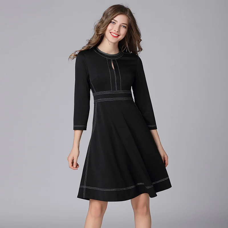 Женское платье, L-5XL, черное, модное, сексуальное, Брендовое, официальное, для женщин, o-образный вырез, рукав 7/10, ТРАПЕЦИЕВИДНОЕ, женское платье