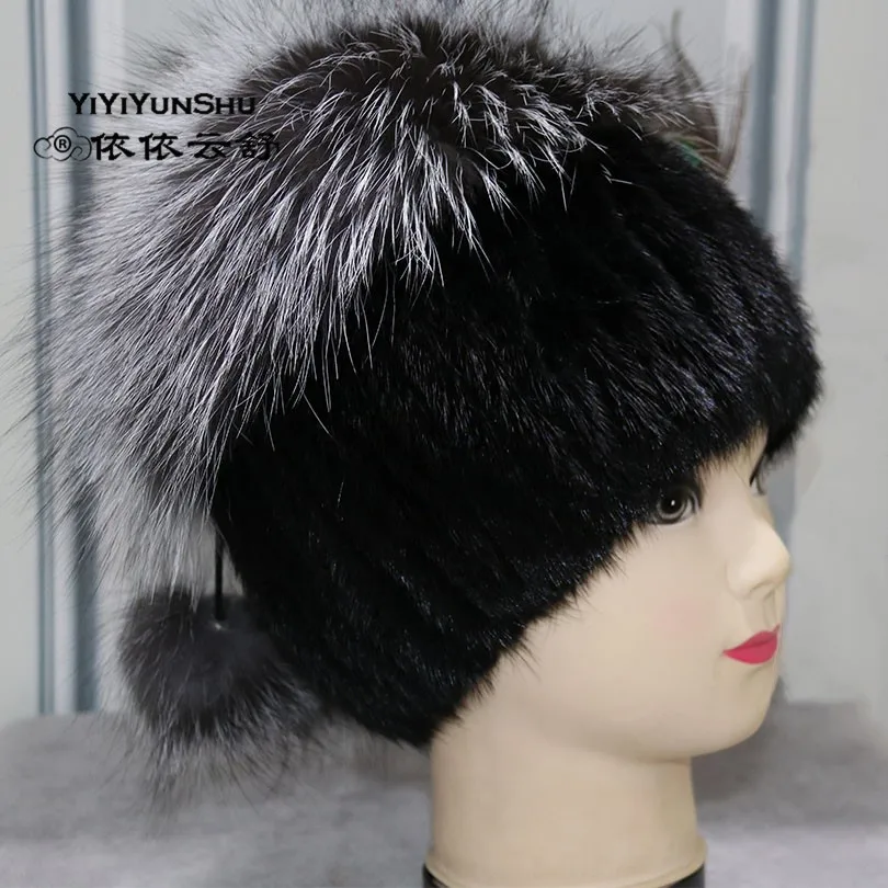 

YIYIYUNSHU Real Mink Fur Hats For Women Trendy Brand Winter Genuine Fox Fur Beanies Pompom Hat Warm Thick Fur Knitted Hats