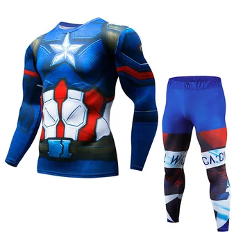 

Mens Avenger Captain America Two Piece Set Cosplay Suits Male Crossfit T-Shirt Fitness Legging Outfit Pant Compression Tracksuit