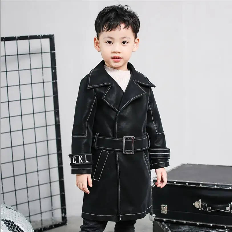 

4-9Y baby boy Pu leather long jackets 2019 autumn winter new thicker coats letter embroidery outerwear children tops ws172