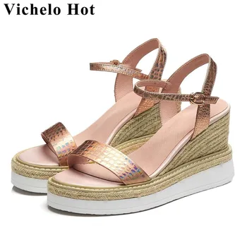 

Vichelo Hot colorful cow leather wedges platform buckle strap peep toe women sandals straw decoration dating increased shoes L99