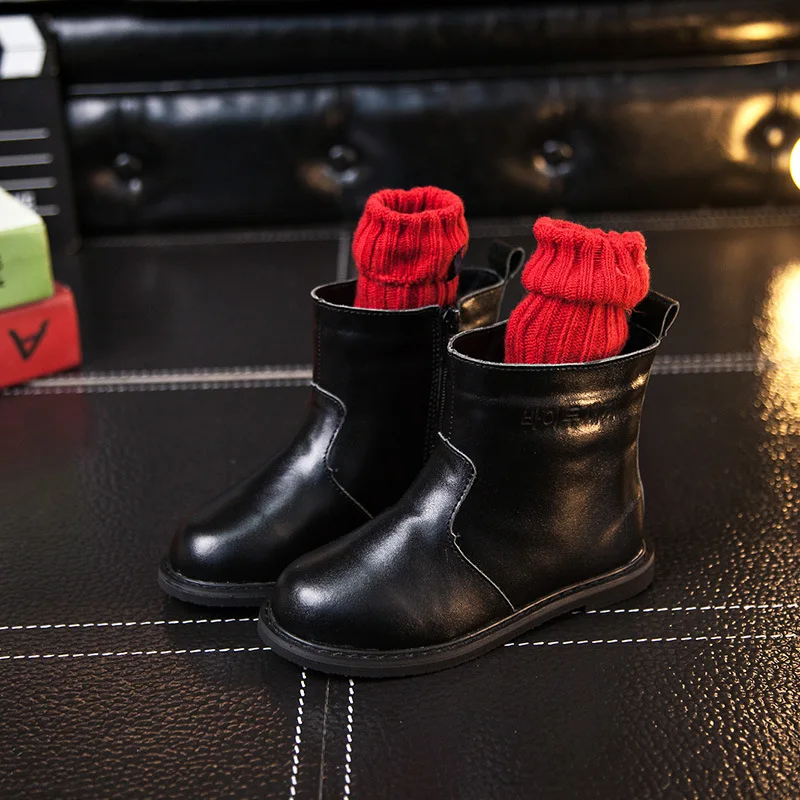 

Girls Martin Boots child Genuine Leather Plush Big Kids Fur Snow Boots Fashion Winter Side Zipper Motorcycle Boots Winter Shoes