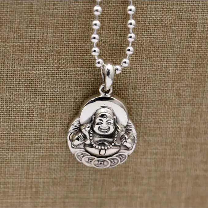 

100% Solid Real Sterling Silver 925 Pendant For Necklace Men Women China Wealth&Luck Smile Buddha Figure Lucky Silver 925 Charms