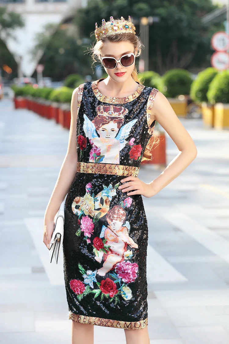 Женское платье с блестками Svoryxiu, черное вечернее платье средней длины без рукавов с принтом в виде цветов розы и ангелов на лето