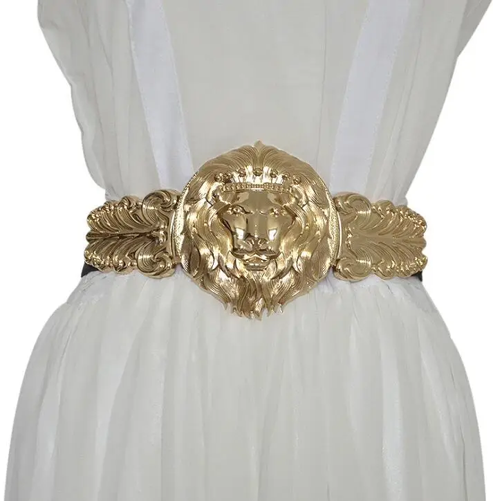 Для женщин взлетно-посадочной полосы моды Золотая Пряжка со львом эластичные пояса женское платье Корсеты пояс с пряжкой украшения