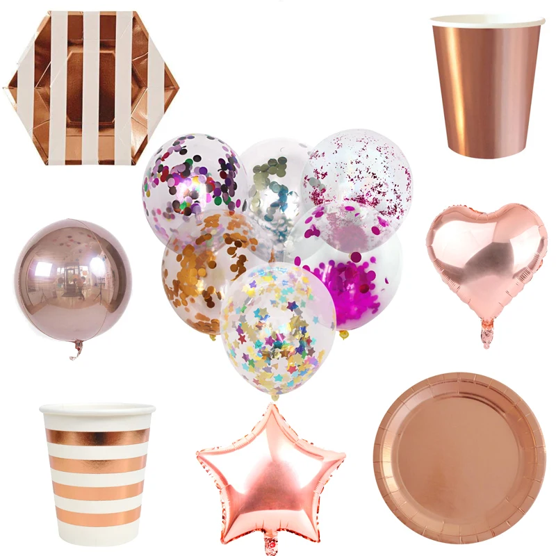 Birthday Party Decoration Champagne Disposable Tableware Sets Confetti Wedding Supplies Rose Gold Dinnerware Baby Shower Decor | Дом и сад