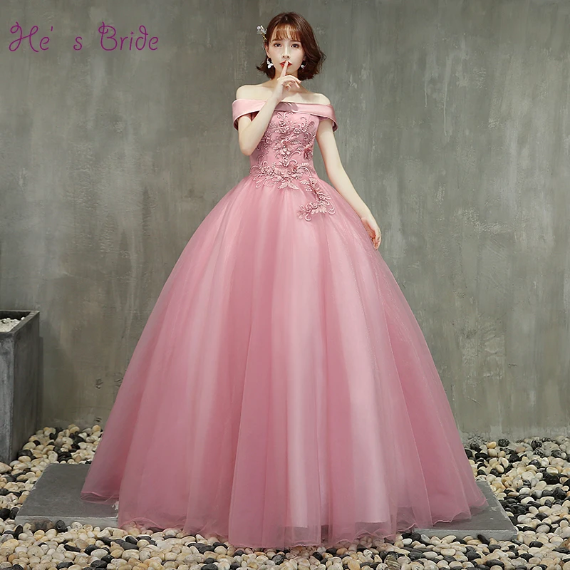 He's Bride New Sweet Pink Prom Dress Sexy Boat Neck Short Sleeve Floor-length Applique Party Ball Gown Robe De Soiree | Свадьбы и