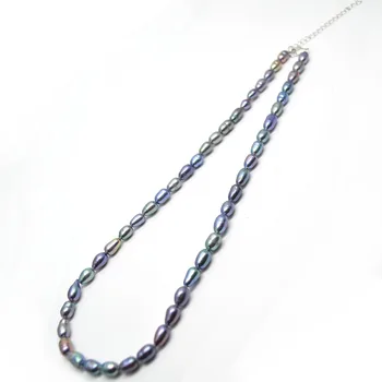 

Natural Dark Gray Peacock Color Fresh Water Pearl Rice Beads Necklace Fashion Woman Jewelry with Extender Chains