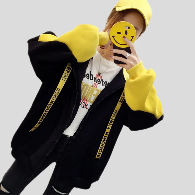  2018 autumn and winter plus velvet cap rope pocket zipper ladies hoodies Korean version of the new 