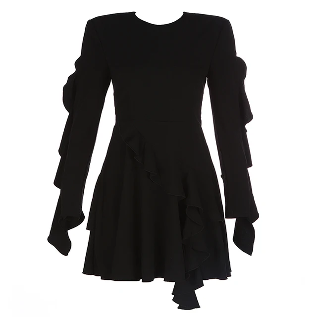 Retro Long Sleeve O neck Dress Black White Irregular Ruffle Sexy 2018 ...