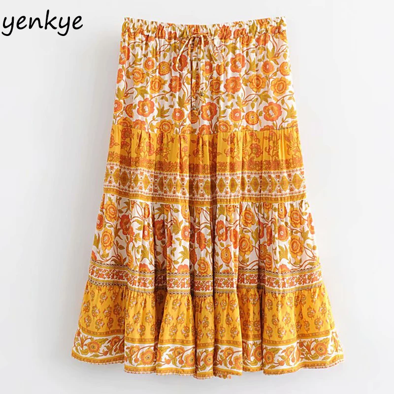 

2019 Women Floral Print Boho Skirt Lady Drawstring Elastic High Waist A-line Midi Casual Summer Beach Skirt DWDD8390