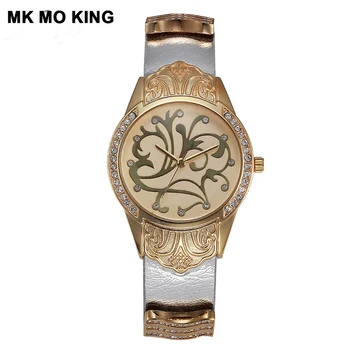 

Luxury brand leather gold round women's waterproof men / ladies rhinestone Quartz watch bracelet Clock mk reloj para pareja