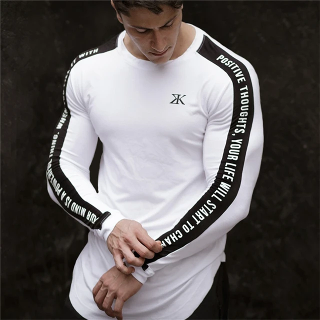 T-shirt noir à manches longues pour homme, imprimé, à la mode, pour gym, fitness, jogging, sport, automne 2019 6