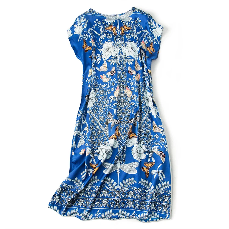 Imprimer Nouvelle Multi Libellule Manchette Un Du Papillon Bleu caractère 2018 Allongé Mûrier Épaule Soie Robe gH0Hqf