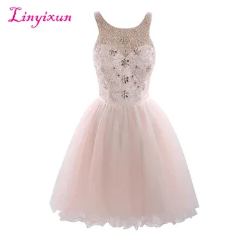 

Linyixun Real Photo Hot Sale Short Homecoming Dresses 2017 Appliques Beaded Scoop Lace-Up Knee Length Tull Prom Dresses Custom