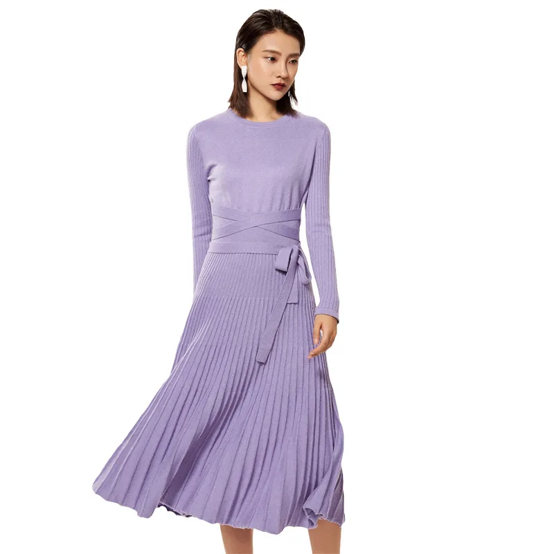 

Winter Spring Dress Women 2019 Cashmere Blending Knitted Fitted Waist with Belt Pleated Midi Long Style Vestidos de Festa