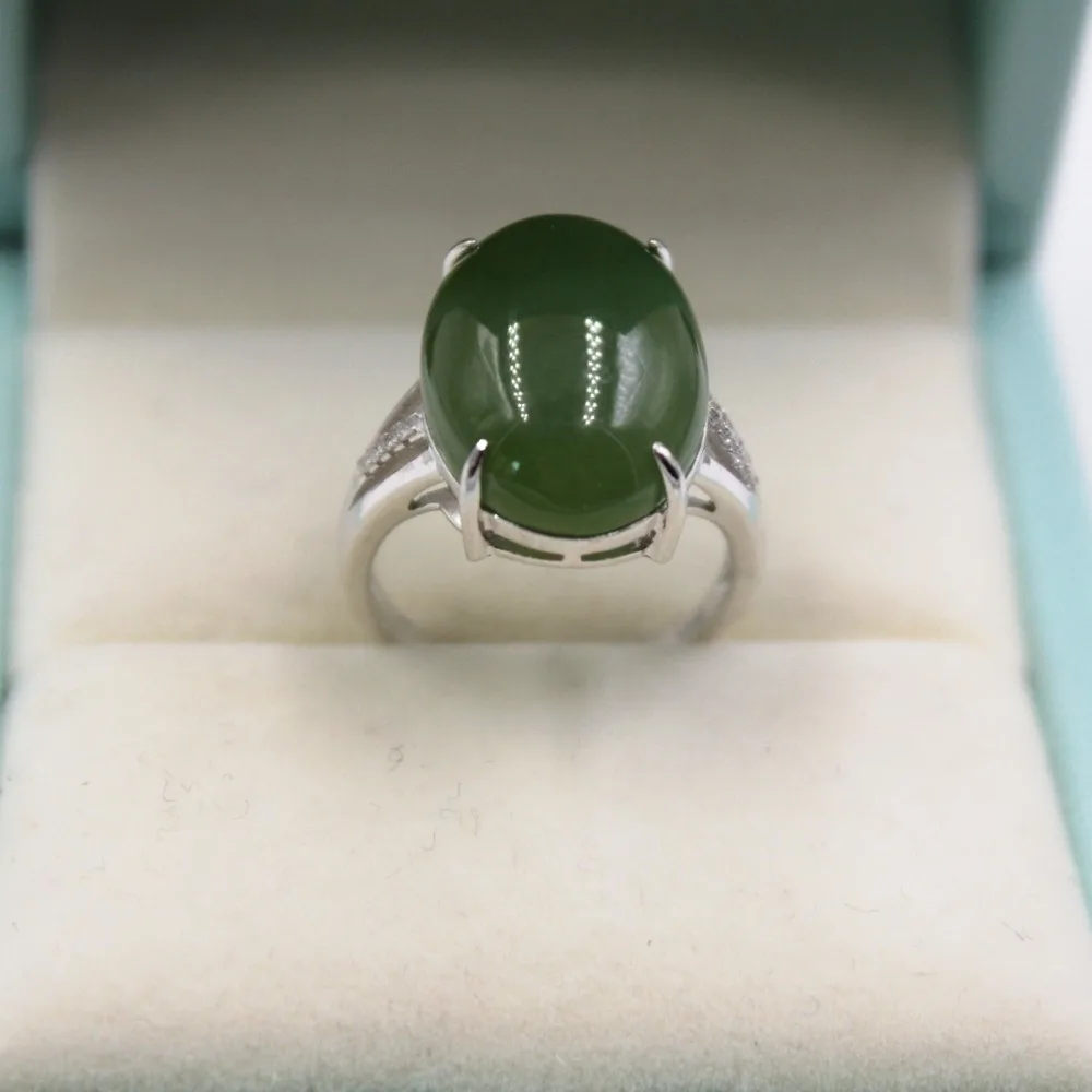 

New Style Real S925 Sterling Silver Natural Hetian Green Jade Women Oval Ring 18x12mm