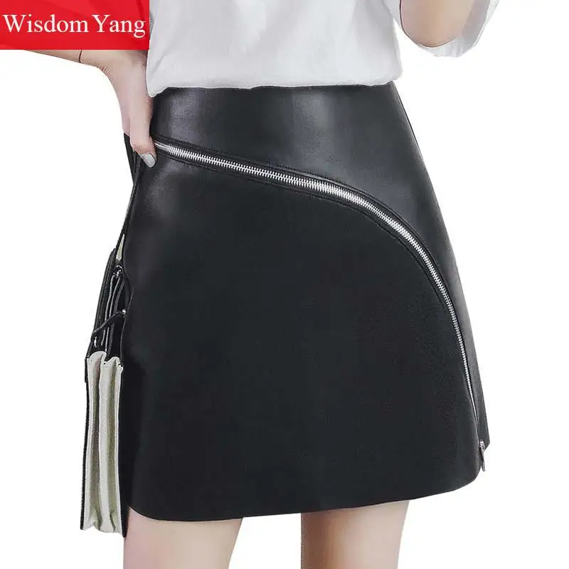

Black Genuine Leather Short Skirt woman Sheep Skin High Waisted Mini Skirts Womens Zippers Bodycon Party Sexy Ladies Aline Skirt