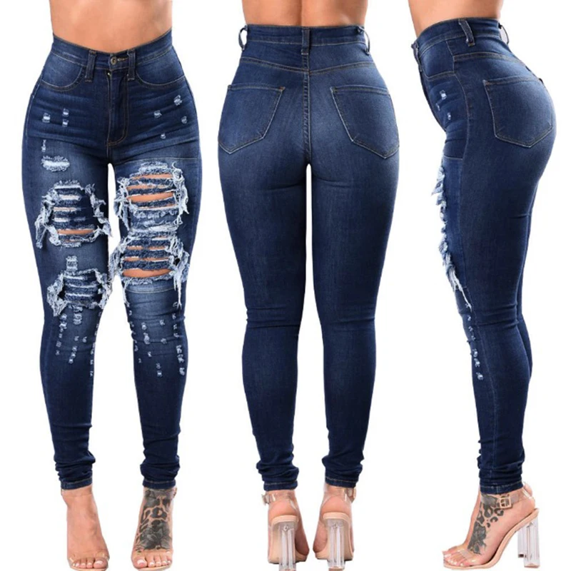 

women's fashion pencil denim pants women solid casual Jeans Woman Stretch middle Waist Skinny hole ripped vintage Jeans femme