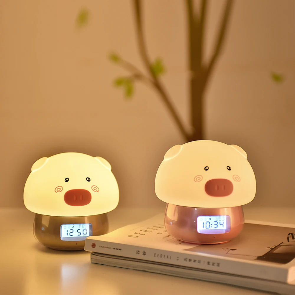 3 in 1 Pig LED Night Light with Alarm Clock Recorder Remote Touch Sensor Colorful USB Silicone Children Kids Baby Bedside Lamp (10)