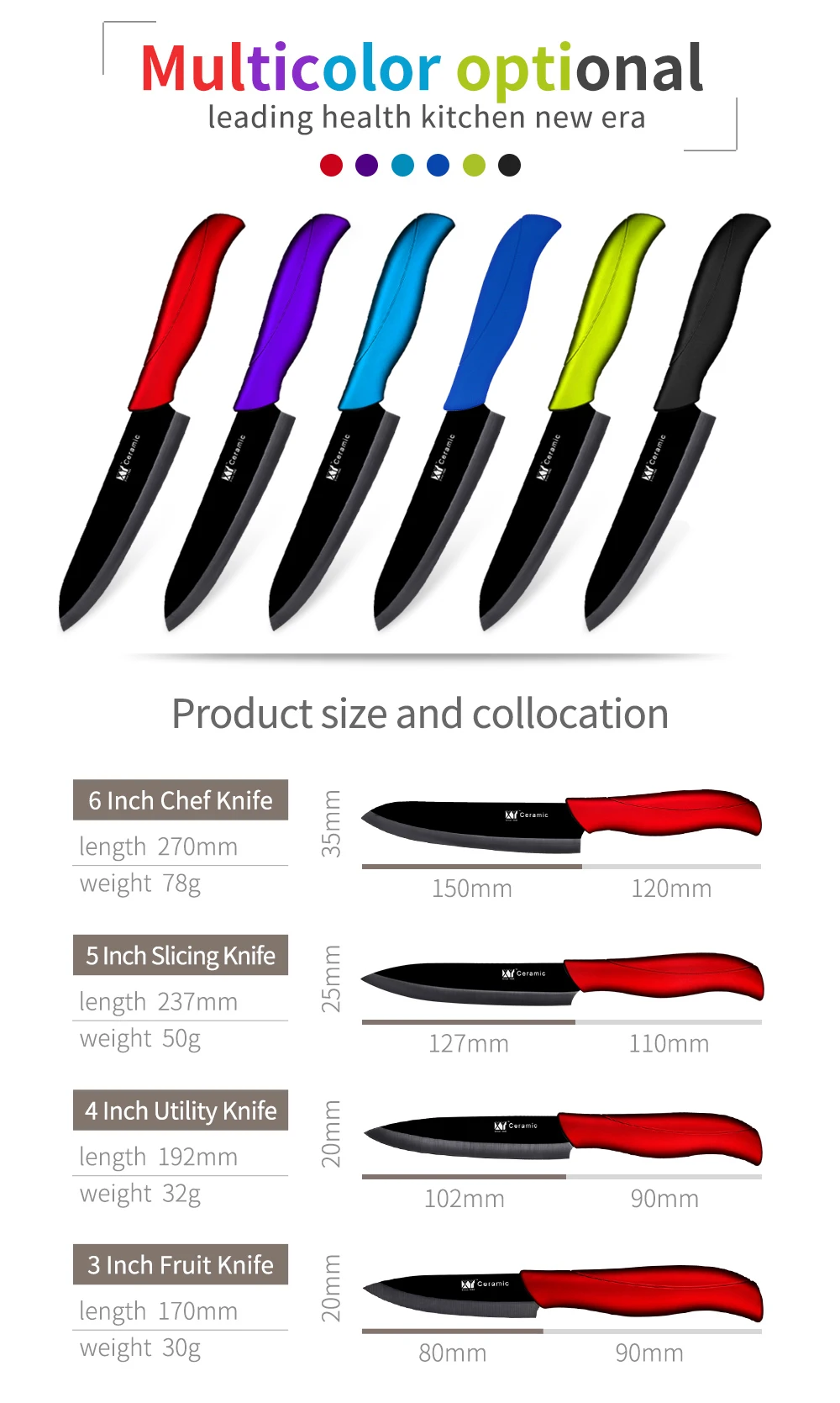 XYj Master Chef Ceramic Kitchen Knife Set 3"Paring 4"Utility 5"Slicing 6"Chef Kitchen Knife High Hardness Ceramic Cooking Tools