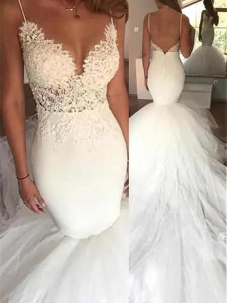 

Mermaid Boho Wedding Dress Spaghetti Straps Lace Bohemian Wedding Dresses Top Lace Backless Summer Beach Bride Dress With Tails