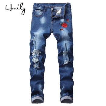 

HMILY Big Size 28-42 Men Jeans Luxury Men Straight Denim Trousers Zipper Embroidery Slim Black Hole Jeans For Men