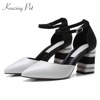 

KRAZING POT cow leather original design mixed color high heels shallow women pumps pointed toe beauty gorgeous brand shoes L03