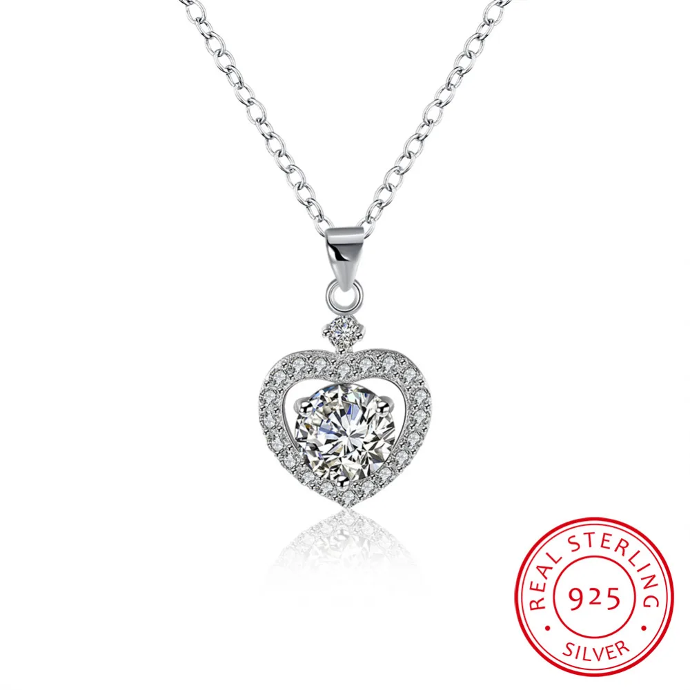 

100% Pure 925 sterling silver jewelry cute sweet heart with big crystal stone pendant necklace for women fine wedding jewelry