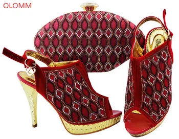 

OLOMM Italian red Shoes with Matching Bag Set Decorated with Appliques African Women Shoes and Bag Set for Wedding!BN1-11