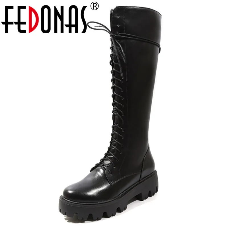 

FEDONAS Quality Knee High Boots Women Cow Leather Round Toe Platforms Casual Shoes Woman Long Motorcycle Boots High Boots