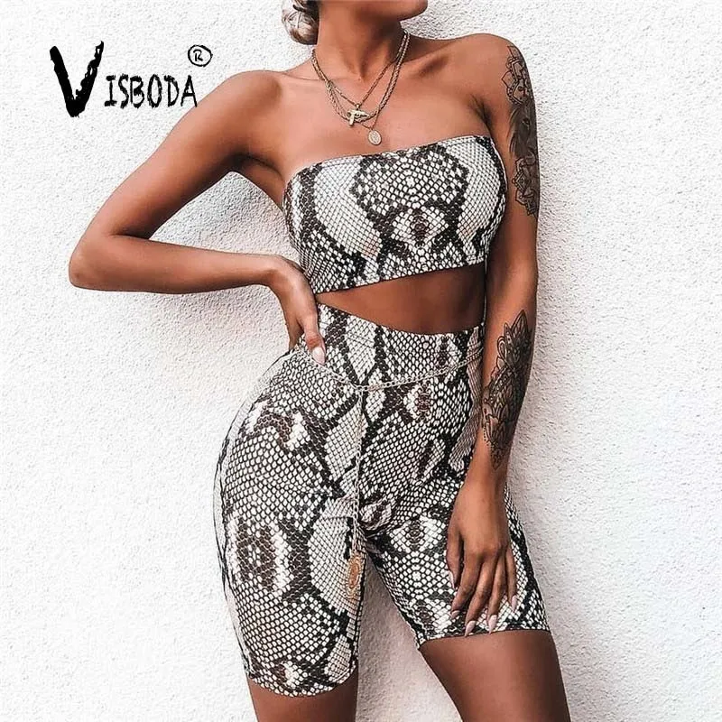 

Women 2 Piece Set Tracksuit Snake Printed Strapless Cropped Top Short Leggings Fashion Summer Female Bralette Top Legging Pants
