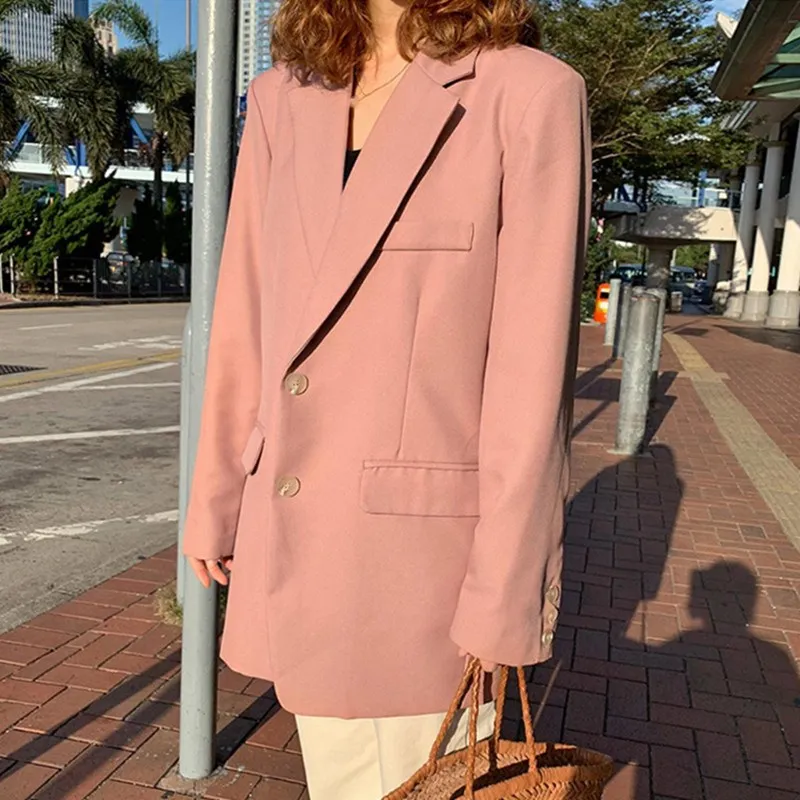 2019 Spring Women Casual Single Breasted Pocket Solid Plus Size Blazers Elegant Office Fresh Outwear Pink Blazers