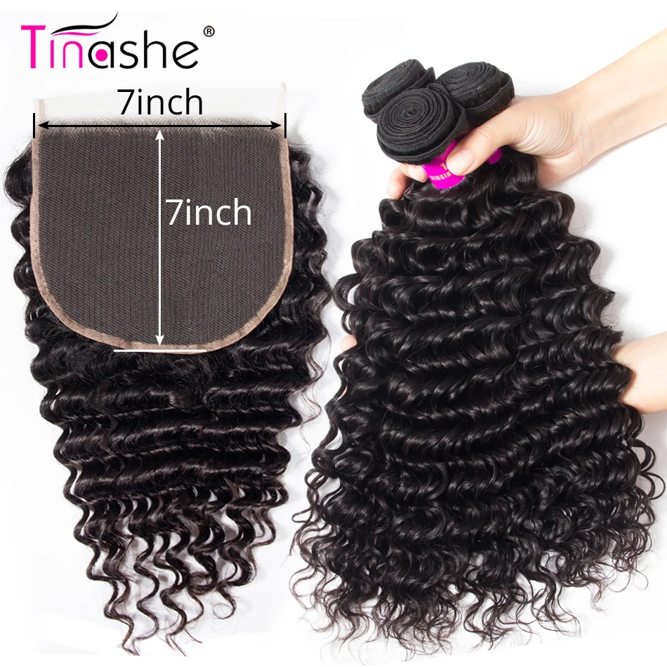 

Tinashe Hair 7x7 Lace Closure With Bundles Deep Wave Bundles With Closure Remy Brazilian Human Hair Curly 3 Bundles With Closure