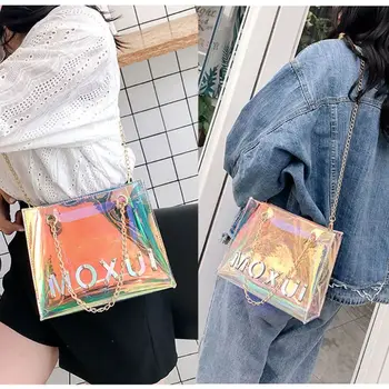 

2019 Fashion Hot Summer Laser Shoulder Bag Women Clear Handle Bag Patent Leather Cross Body Bag With Adjustable Chain Handbags