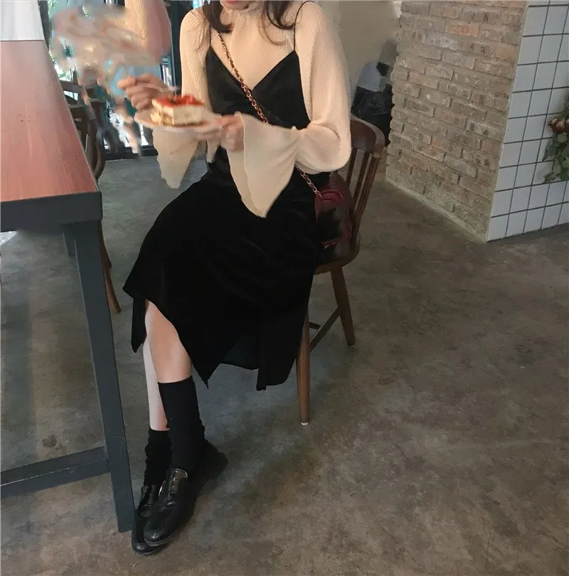 

2019 Women Solid Chiffon Shirt V Neck Sleeveless 2 Pcs Set Dress Preppy Style Elegant Party Club Dress Autumn Maxi Dress