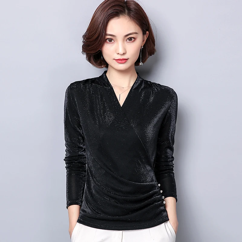  V Neck Blouse Women Fashion Temperament Gold Velvet button Plus Size Female Shirts Spring Korean Bo