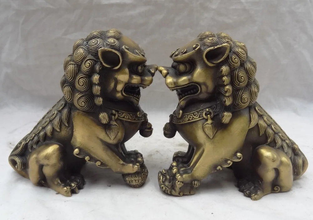 

005718 Chinese Bronze Animails Sculpture FengShui Foo Fu Dog Lion Ball Statue Set Pair