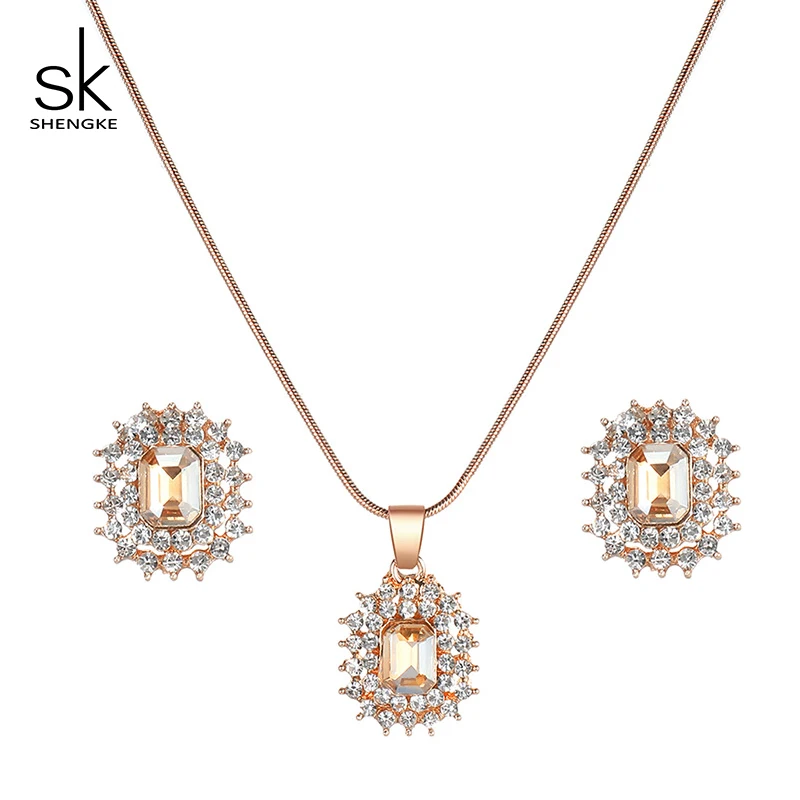 Shengke Rose Gold Women \bWatches Set Luxury Ladies Quartz Watch With Crystal Earrings Necklace Set Valentine Day Gift For Women