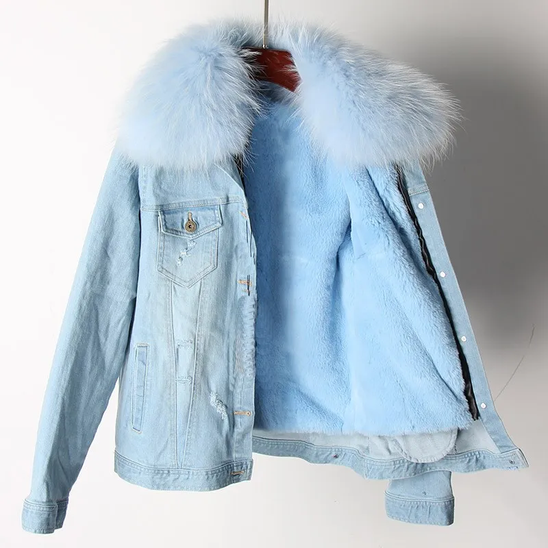 Толстая джинсовая куртка с подкладкой из искусственного меха, пальто с большим меховым воротником, Женское зимнее пальто, куртка с длинным рукавом и дырками, джинсовая куртка - Цвет: 16