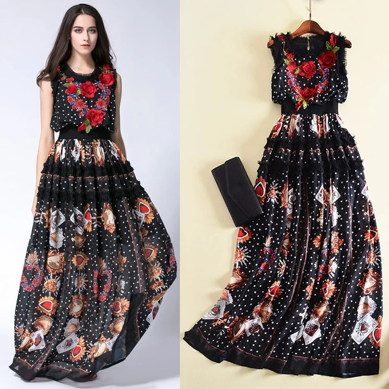 

High quality 2022 autumn and winter new embroidered flower dress playing cards red heart wave dot print stitching dress