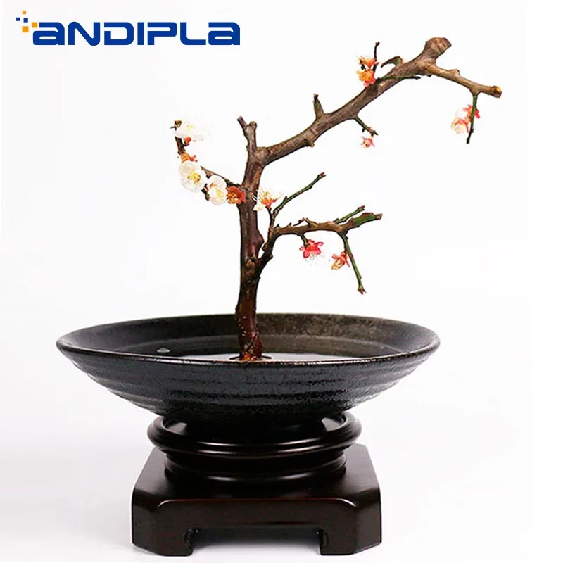 

Japanese Style Ikebana Black Ceramic Coarse Pottery Flower Pot Office Desktop Vase Hydroponic Planter Food Plate Bowl Home Decor
