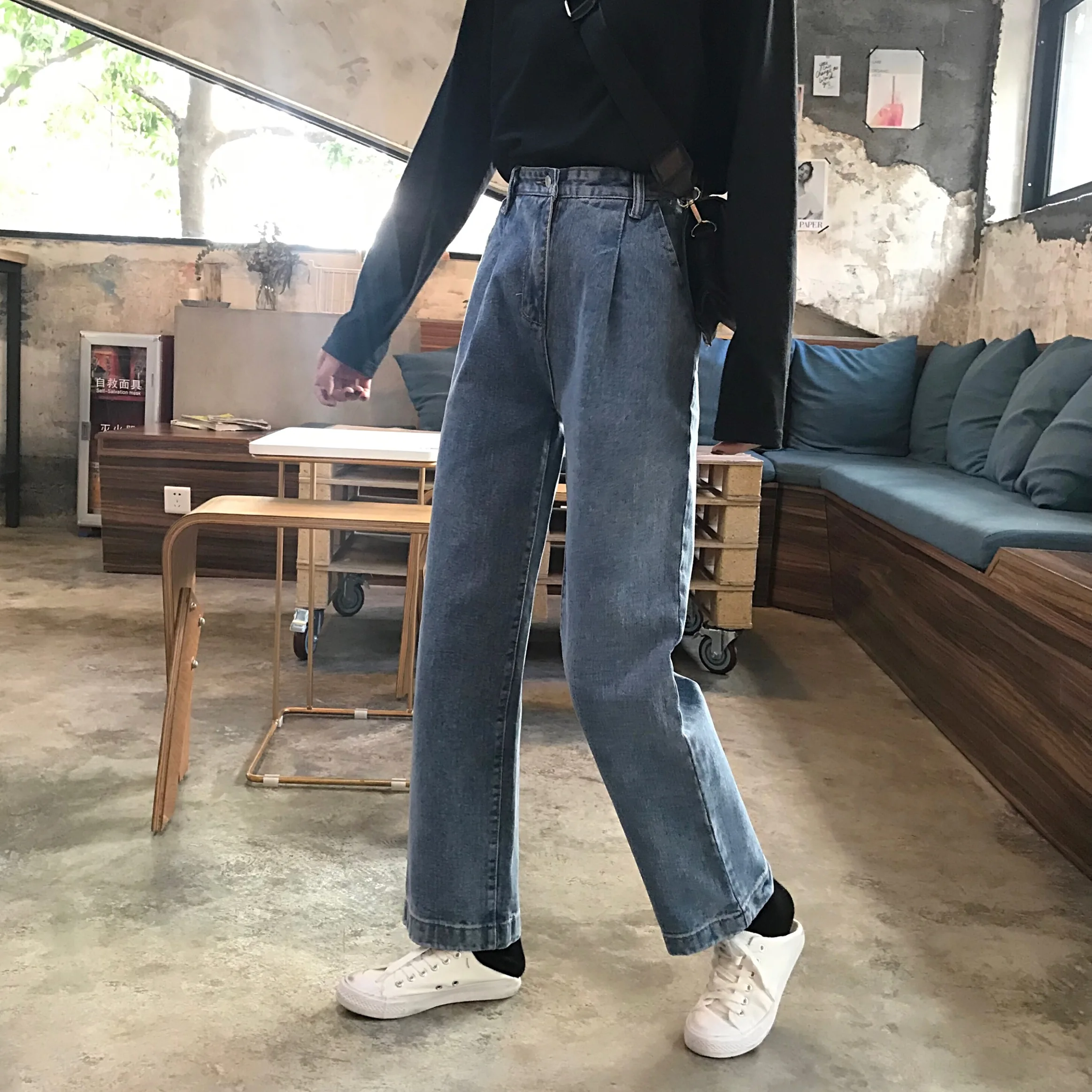 2019 Весенняя Новинка студент дикий шик Ветер высокая талия широкие прямые брюки джинсы для женщин для сделать старый полированный в частич