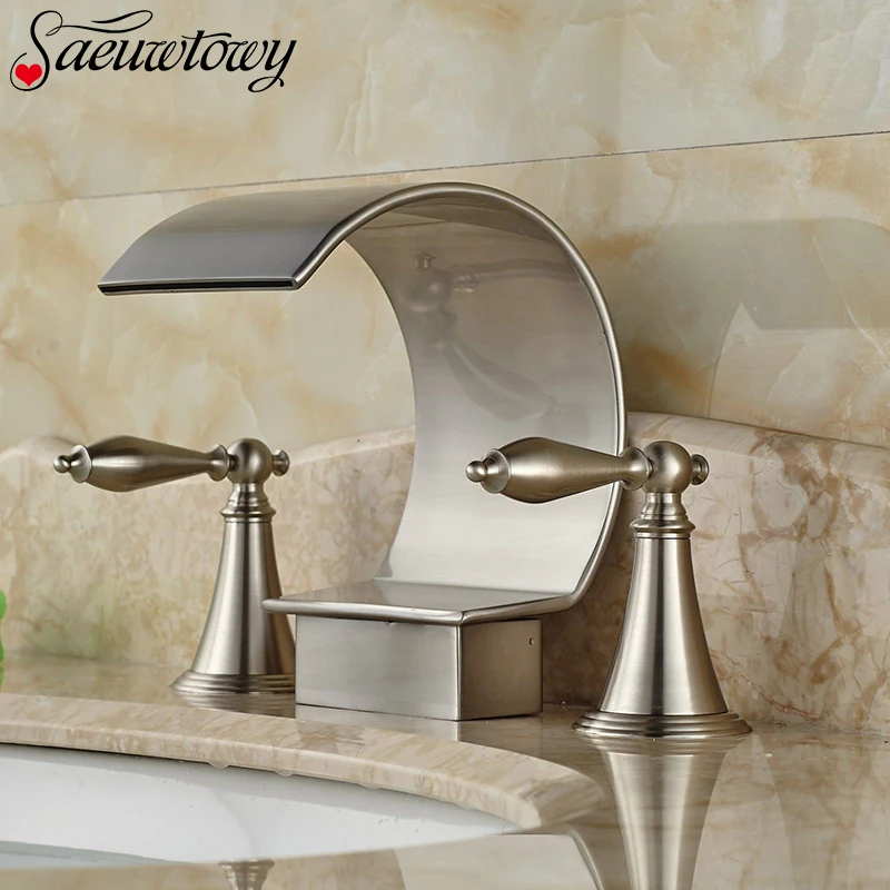 Brushed Nickel Waterfall Bathroom Faucet Tub Spout Mixer Tap 3 Holes 2
