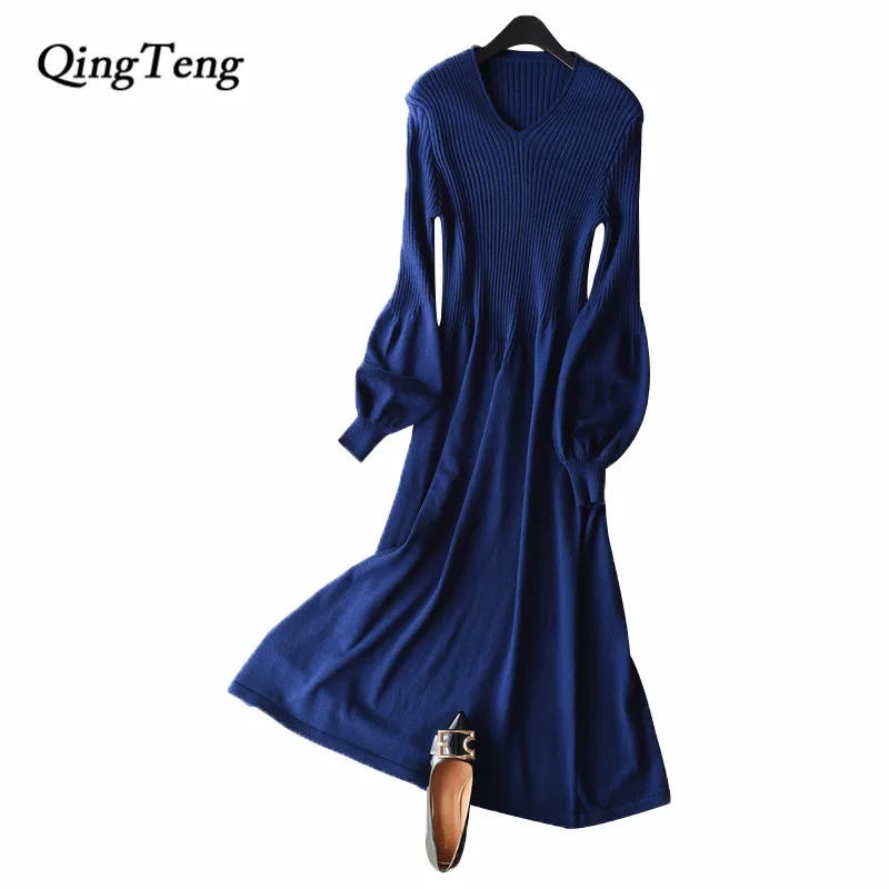 

QingTeng Dress Women Warm Autumn Winter Lantern Sleeves Retro Wool Elegant Slim V-neck Winter Dresses For Women 2018 Knitted