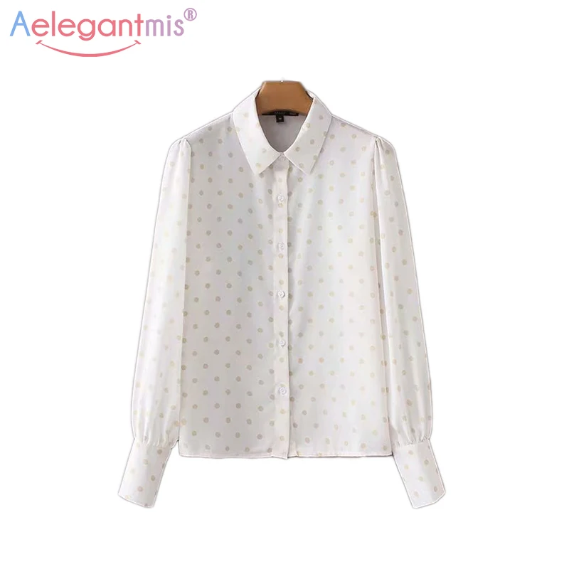

Aelegantmis Summer New Women Long Sleeve Chiffon Blouse Elegant Dot Print Turn-Down Collar Blouse Top Ladies Casual Shirt Tops
