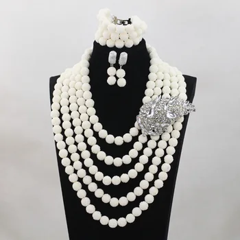

White 5 Rows Coral Beads Wedding Jewelry Set 2017 New Nigerian African Costume Bridal Jewelry Sets Wholesale Free ShippingABH003