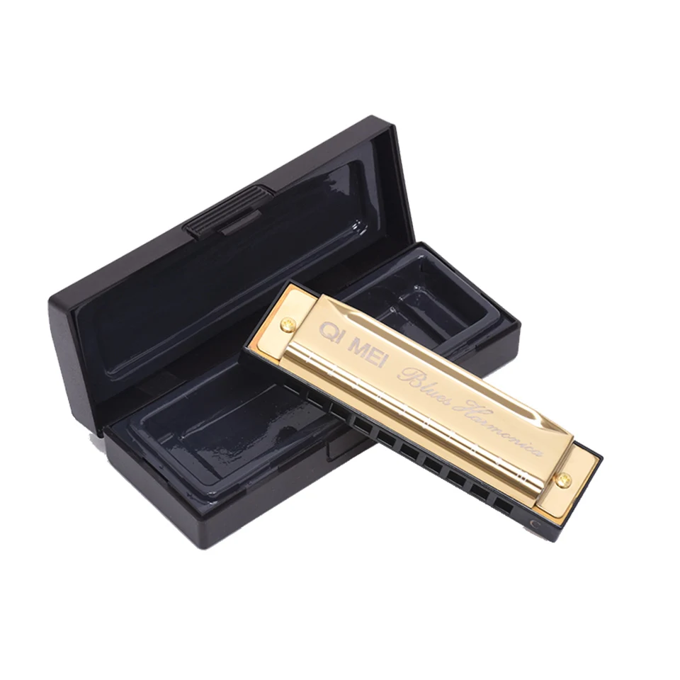 QIMEI Harmonicas 10 Holes 20 Tone Key of C Golden Color Blues Jazz Rock