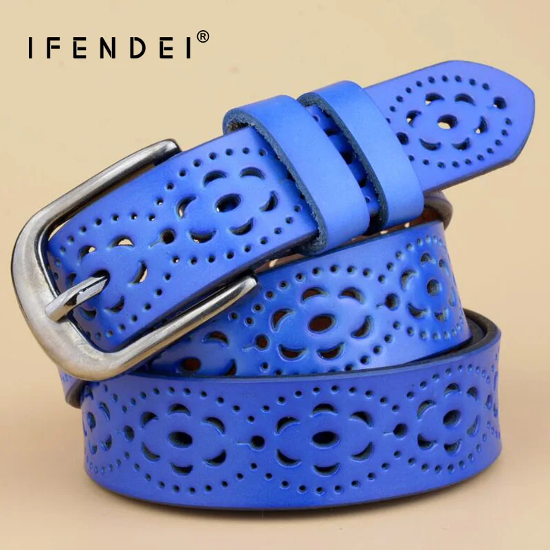 

IFENDEI White Leather Waist Belt For Women High Quality Pin Buckle Wild Belt Lady's Jean Hollow Flower Blue Strap cinto feminino